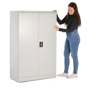 Metal Storage Cupboard Grey 2 Door Tall Lockable Steel Filing Cabinet 3 Shelves Office, Garage Tool, Utility, Kitchen use