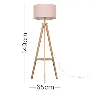 Ismay 149 cm Morrigan Wood Tripod Floor Lamp with Shelf & XL Reni Shade Light Brown / Pink / No