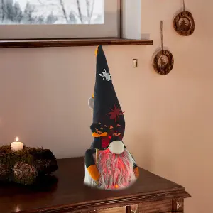 Halloween LED Gnome Decoration with Witch Hat, Pumpkin Cane, and Colorful Lights - 32cm Tall