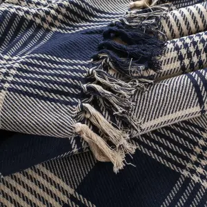 EHC Premium Reversible 100% Cotton Large 150 x 200 cm Tartan Throws for Sofa, Armchair Bedspread, Navy Blue