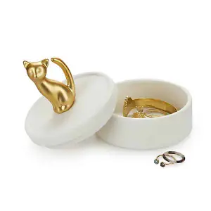 White Porcelain Gold Kitten Cat Feline Statuette Jewellery Trinket Box