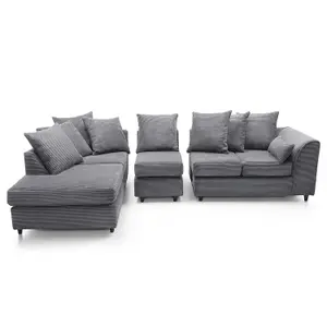 Jumbo Large Grey Cord Left Facing Corner Sofa for Living Room with Thick Luxury Deep Filled Cushioning