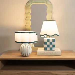 ValueLights Rohan Sky Blue Stripe Ceramic Bedside Table Lamp with Scallop Shade - LED Bulb Included