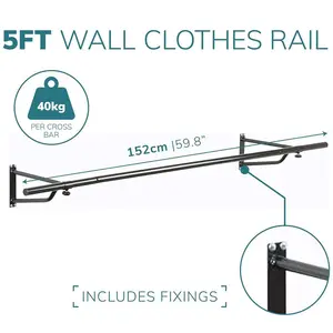 150 cm Wide Wall Mountable Garment Wardrobe Rail 5ft