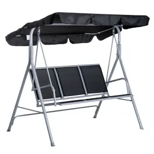 Outsunny Metal Swing Chair Garden Hammock 3 Seater Patio Bench w/ Canopy, Black