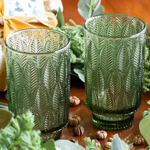 Set of 4 Vintage Luxury Green Embossed Wine Glass Goblets & Trailing Leaf Drinking Tall Tumbler Glasses 350ml