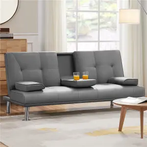 Yaheetech Dark Grey Faux Leather Convertible Sofa Bed with Drop-down Cup Holders and Pillows