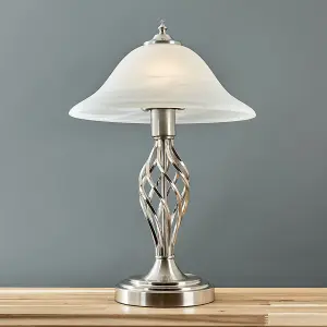 ValueLights Memphis 2 x Satin Nickel Barley Twist Table Lamps with Frosted Alabaster Shade with 6w LED GLS Bulbs In Warm White