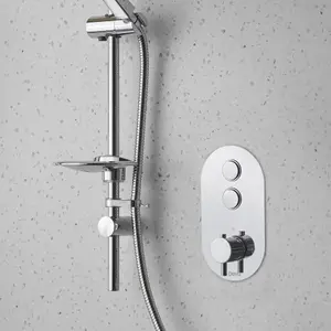 Chrome Thermostatic Concealed Shower Valve Twin Double Push Button Outlets Shower Bath Mixer & Hot Stop Override - 5 Year Warranty