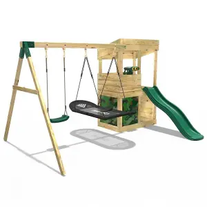 Rebo Wooden Lookout Tower Playhouse with 6ft Slide & Swings - Yosemite