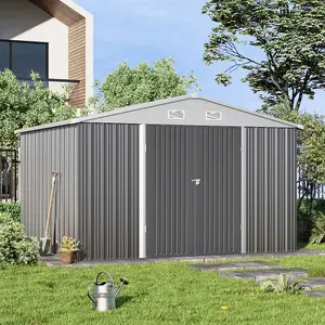 10x8ft Apex Roof Grey Waterproof Outdoor Metal Shed Garden Storage Shed with Base