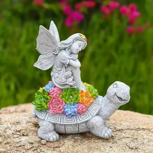 Solar Fairy Tortoise Ornament Garden LED Statue Succulent Decor Stone Effect