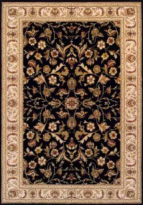 Luxurious Traditional Persian Easy to Clean Wool Black Floral Rug for Living Room & Bedroom-240cm X 340cm