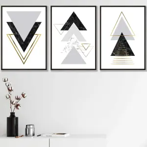 Set of 3 Black Grey Geometric Triangle Set Wall Art Prints / 30x42cm (A3) / Black Frame