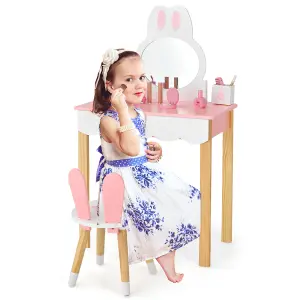 Costway 2-in-1 Kids Vanity Set Study Table & Chair Set w/ Mirror & Drawers