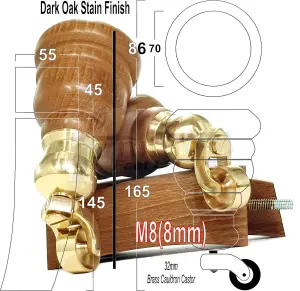 2x DARK OAK STAIN 165mm HIGH WOOD FURNITURE LEGS WITH BRASS CAULDRON CASTOR & 2 CURVED BACK FEET SETTEE CHAIRS, SOFAS M8 TSP2007