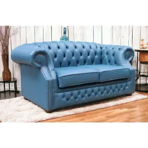 Chesterfield 2 Seater Sofa Majolica Blue Real Leather In Buckingham Style