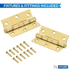 XFORT 3 Inch (75mm) Polished Brass Ball Bearing Hinges, Steel Door Hinge for Wooden Doors (2 Pairs)