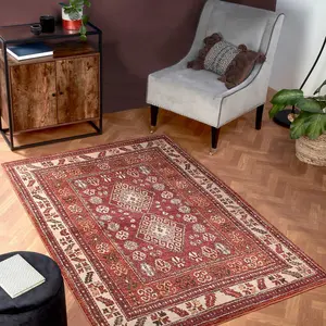 Orange Easy to Clean Bordered Geometrical Traditional Persian Rug for Living Room, Bedroom, Dining Room - 80cm X 150cm