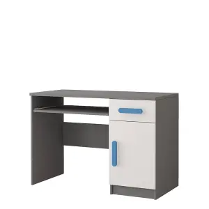 Sleek Grey and White Computer Desk H760mm W1100mm D500mm - Blue Handles for Serene Workspaces