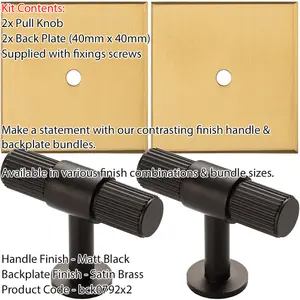 2 PACK - Cabinet Door Knob & Contrasting Backplate Set - Reeded T Bar Pull - Matt Black & Satin Brass