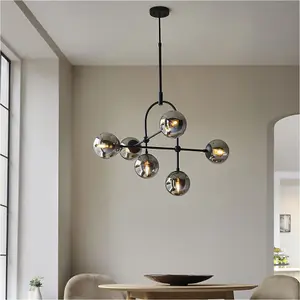 Multi Arm Ceiling Pendant & 2x Matching Wall Lights - Matt Black Frame Grey Tinted Glass Shade Set