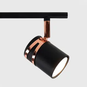 ValueLights Garcia Modern Matt Black and Copper 3 Way Adjustable Straight Bar Ceiling Spotlight