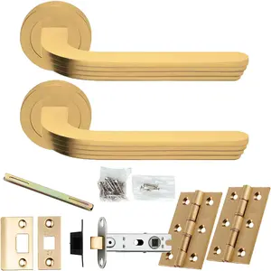 Door Handle & Latch Pack - Satin Brass - Art Deco Reeded Lever On Round Rose