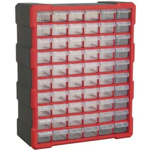 60 Drawer Parts Storage Cabinet - Wall Mounted or Freestanding - Red 380x160x475mm