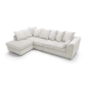 Jumbo Large White Cord Left Facing Corner Sofa for Living Room with Thick Luxury Deep Filled Cushioning