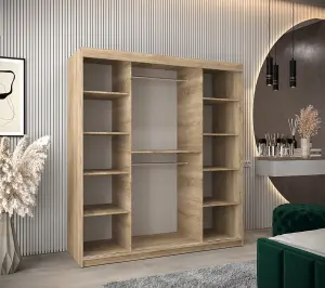 Roma II Oak Sonoma Spacious Sliding Door Wardrobe H2000mm W1800mm D620mm with Mirrored Panels and Silver Handles