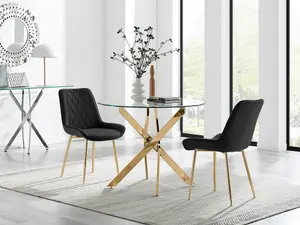 Furniturebox UK Novara 100cm Round Gold Leg Dining Table & 2 Black Pesaro Gold Leg Chairs