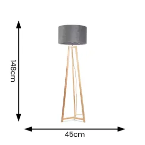 ValueLights Lottie Natural Wood Tripod Floor Lamp with Grey Velvet Drum Shade