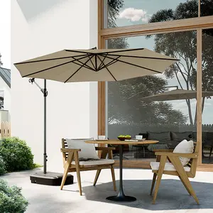 3M Khaki Crank Tilt Solar Banana Light Bar Umbrella Cantilever Parasol with 60L Fillable Base