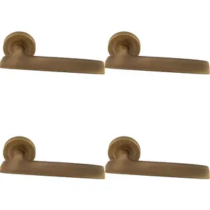 4 PACK - Premium Slim Flat Door Handle Set - Antique Brass Designer Lever on Round Rose