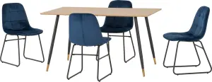 Hamilton Dining Set with 4 Lukas Chairs Medium Oak Effect Blue Velvet Chairs