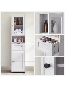 VASAGLE Tall Bathroom Cabinet Free Standing, Slim Bathroom Cupboard, With Open Shelf, Glass Door, Water-Resistant Feet