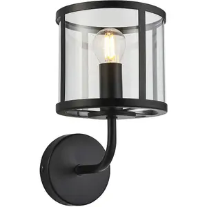 Indoor Matt Black Wall Light - Clear Glass Shade - Dimmable 7W LED E14