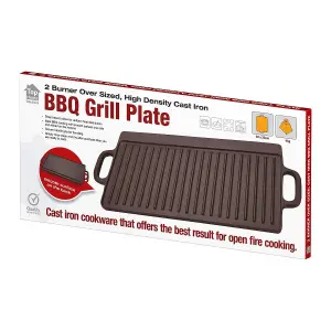 Plate Pan Double Sided for BBQ & Hob Cooking - Size 50 x 23 cm - X-Large Non-Stick Cast Iron Reversible - two Curved Portable