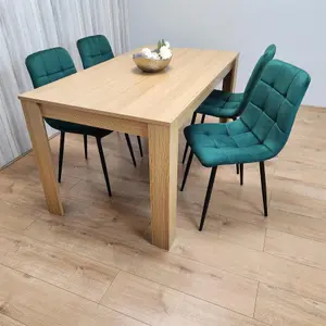 Dining Set of 4 Oak Effect Dining Table and 4 Green Velvet Chairs Dining Room Furniture