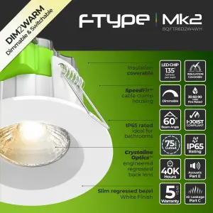 Luceco FType Mk2 Matt White Fixed LED Fire-rated Cool & warm Downlight 6W IP65, Pack of 6