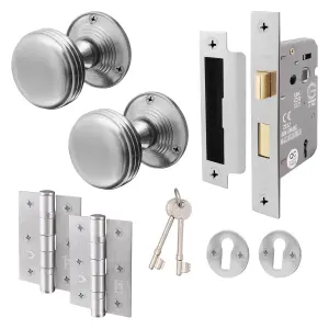 AFIT Lined Key Lock Door Knob Set Satin Chrome, 1 Pair of Mortice Knobs (55mm), Sash Lock (80mm) & Hinges (76mm) for Internal Door