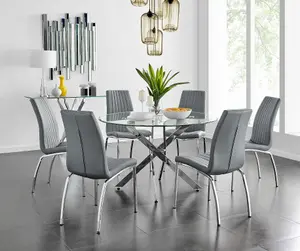 Furniturebox UK Novara Chrome Metal And Glass Large Round Dining Table And 6 Elephant Grey Isco Chairs Set