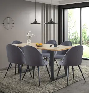 Hallowood Furniture Cullompton Large Dining Table (1.6m) with 6 Dark Grey Curved Back Chairs