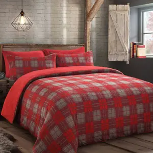 Velosso Check Teddy Warm And Cosy Duvet Cover And Pillowcase Set - Red