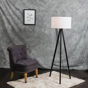 ValueLights Barbro Modern Black Wood Tripod Design Floor Lamp with White Drum Shade - Includes 6w LED GLS Bulb 3000K Warm White