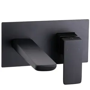 Matt Black Wall Mounted Bath Filler Waterfall Modern Square Tap Design Recessed