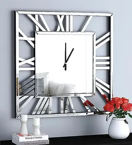 MiHOMEUK Square Roman Numeral Silver Mirrored Wall Clock with Attached Wall Mount