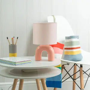 ValueLights Kids Rainbow Shaped Table Lamp Arched Base and Pink Drum Fabric Shade - Including Bulb