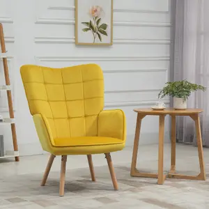 HOMCOM Modern Accent Chair Velvet-Touch Tufted Wingback Armchair, Yellow